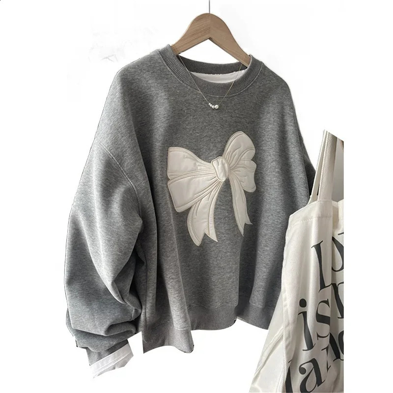 South korea Dongdaemun Heavy Industry Embroidery Bow round Neck Hoodie Women Spring and Autumn Thin Small Loose Short Top 250113