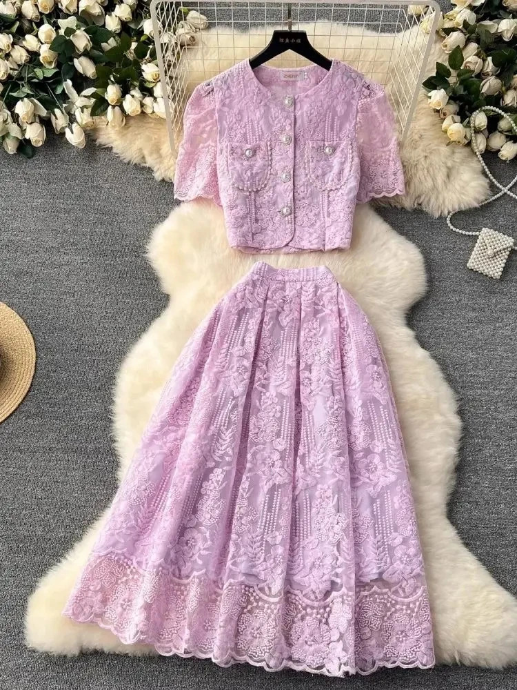 Small Fragrant Embroidery Flower Two Piece Set Women Short Sleeve Pearls Buttons Pocket Lace Mesh Crop Top Midi Skirts Suit 250109