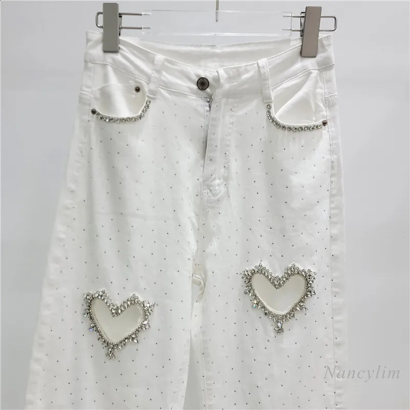 Love Rhinestone Jeans for Women Spring and Autumn Wide Leg Straight Mop Trousers Street White Denim Pants 250113
