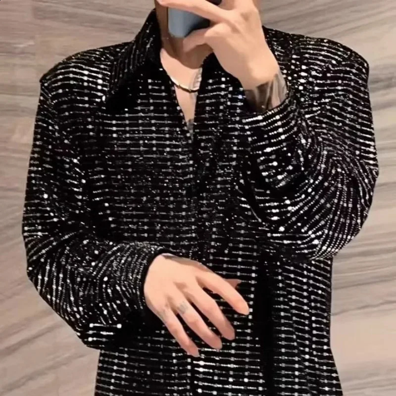Nightclub mens long sleeved summer loose collared single chest sequined casual shirt 250110
