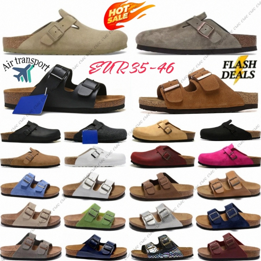 Designer Slippers Sandals Boston Clogs Mules Cork Flat Soft Women Men Fluffy Fashion Suede Taupe Summer Leather Black Blue Grey Slide Beach Casual Shoes size 35-46 JKq#