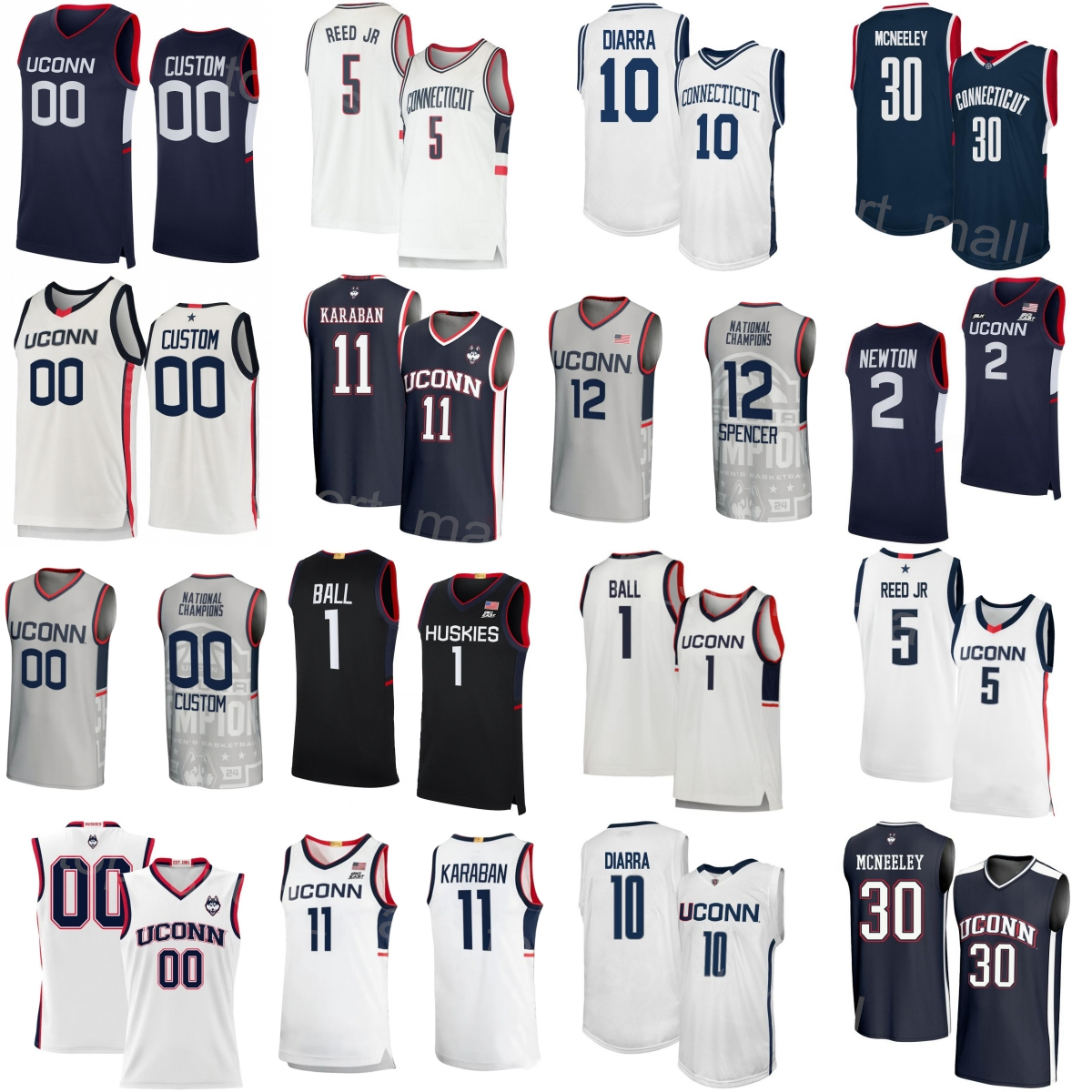 Print College Basketball UConn Huskies Jersey 11 Alex Karaban 30 Liam McNeeley 1 Solo Ball 5 Tarris Reed Jr. 10 Hassan Diarra 2 Tristen Newton Spencer Mans Youth Woman