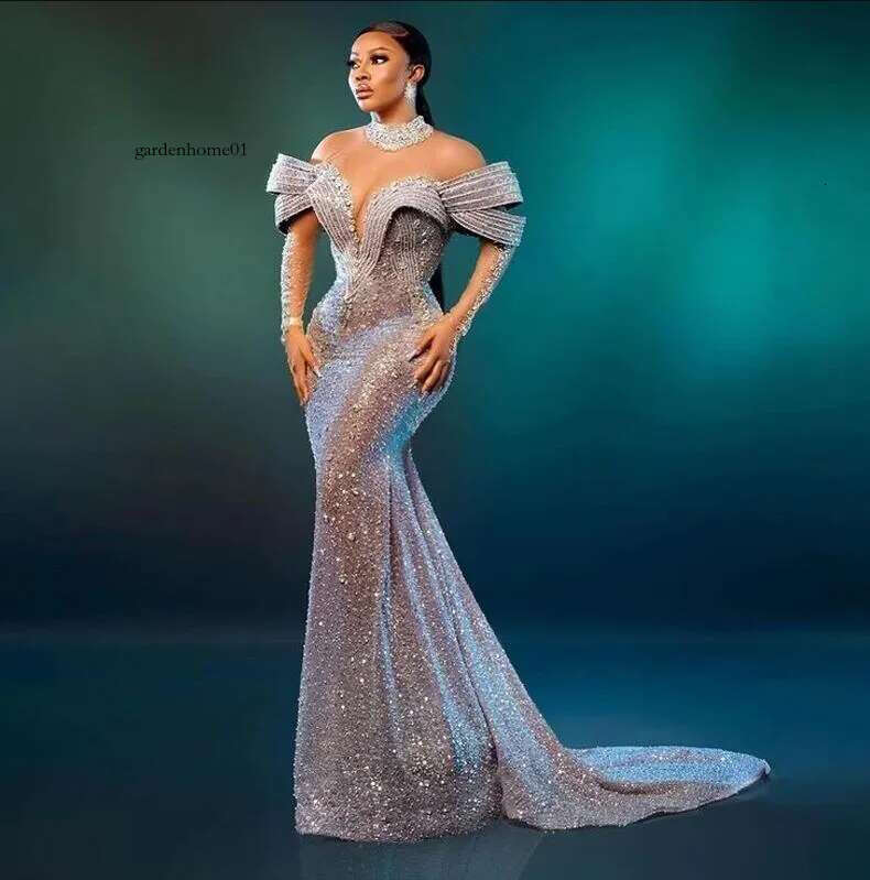 Sier Crystals Beaded Mermaid Evening Dresses African 2024 Aso Ebi High Neck Sheer Long Sleeves Ruffles Formal Party Dress Event Gala Gowns 0319 0121 0