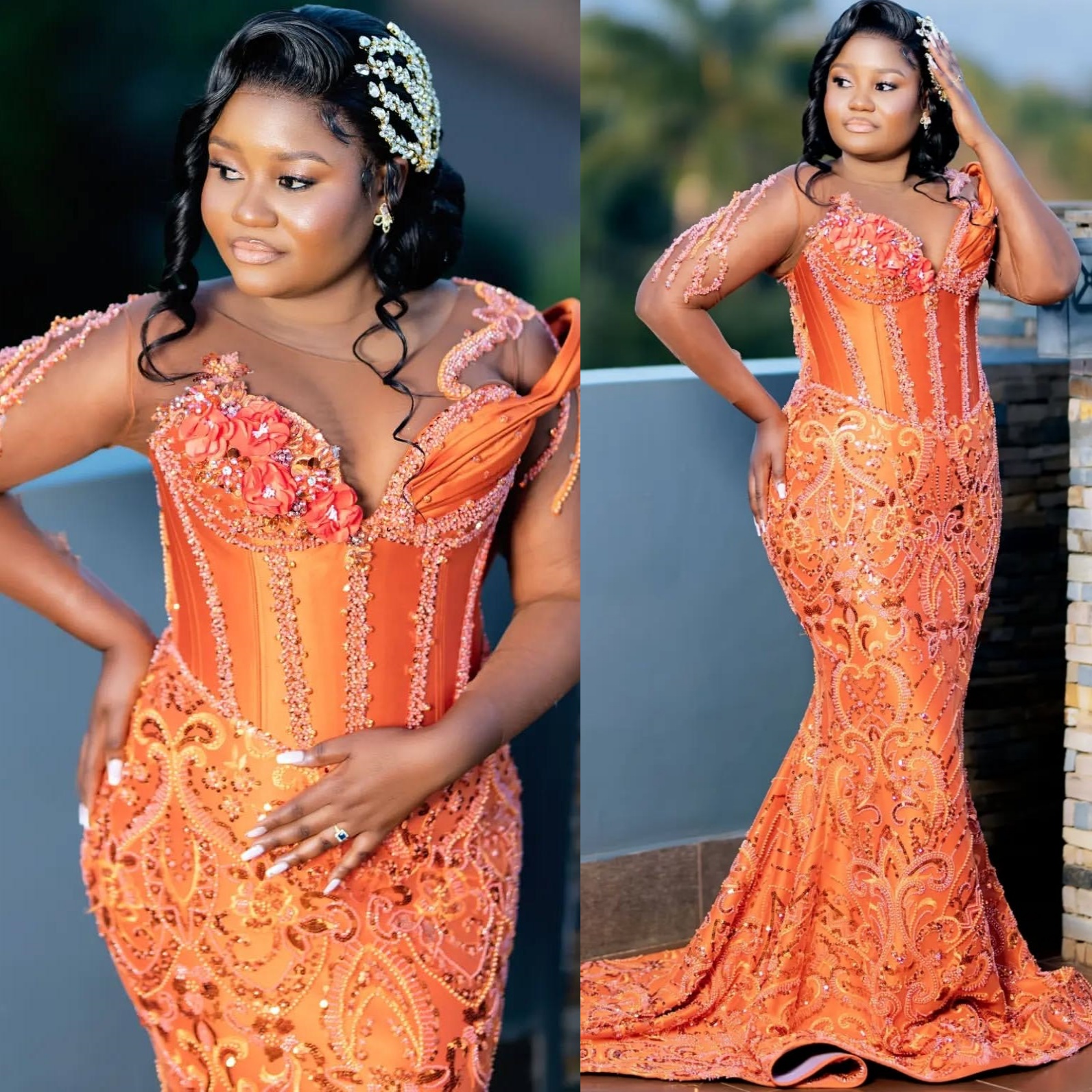 Orange Mermaid Prom Dresses 2025 Sequined Lace Beaded Sheer Neck Evening Formal Party Second Birthday Engagement Gowns Plus Size Dress For Special Occ