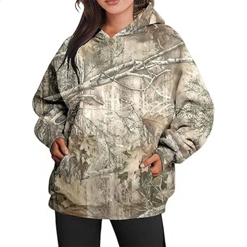 Autumn Camouflage Hoodies Maple Leaf 3D Print Women Casual Streetwear Long Sleeve Hooded Sweatshirts Pullovers Female Clothing 250113