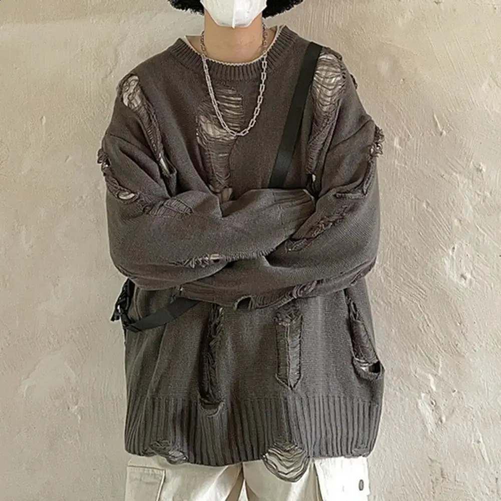 Long Sleeve Sweater Streetwear Mens Hip Hop Style Ripped Twopiece n Knitted Round Neck Soft Warm Fallwinter 250114Z