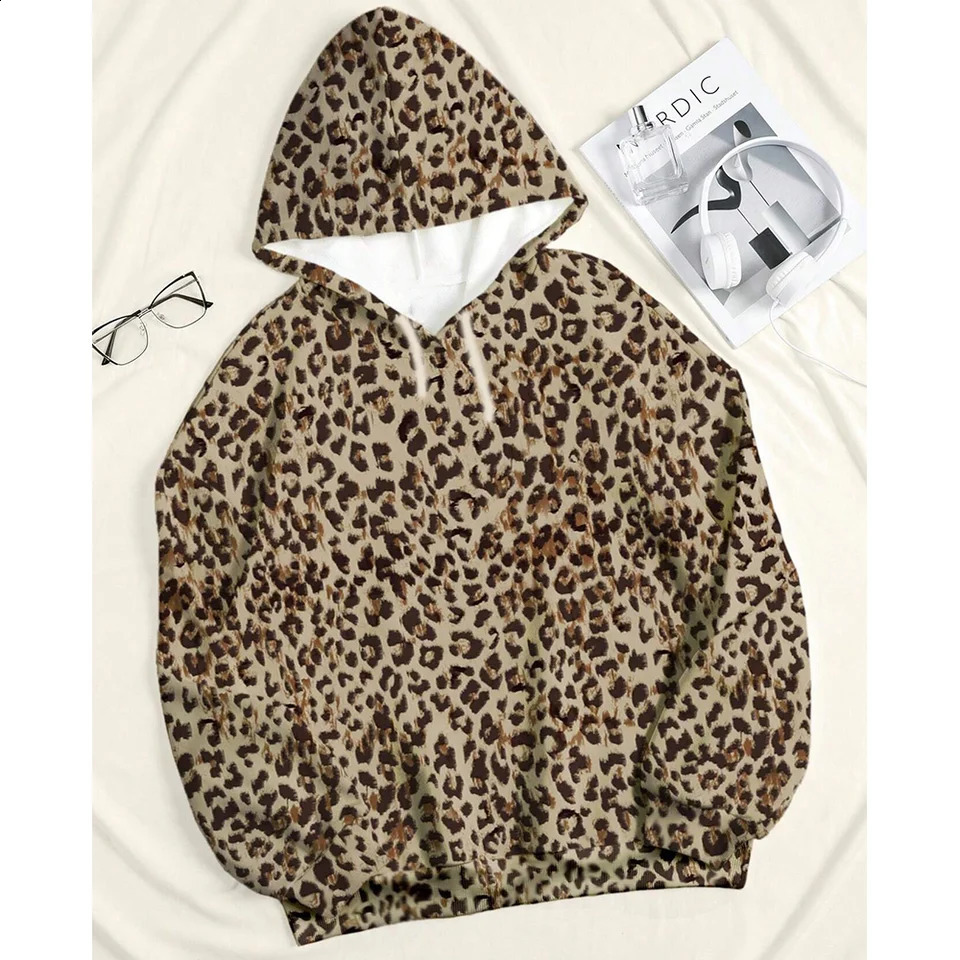 Autumn and Winter Casual Loose Leopard Print Warm Hoodie For Plus Size Women Casual Pullover Unisex Top Hoodie Sweatshirt 250113