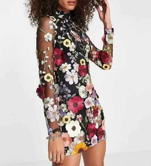 Basic Casual Dresses Sexy Womens Dress 2023 Spring Autumn Swt Style Half Turtleneck 3D Flower Package Hip Sexy Straight Long Slve Mini Dress H25121