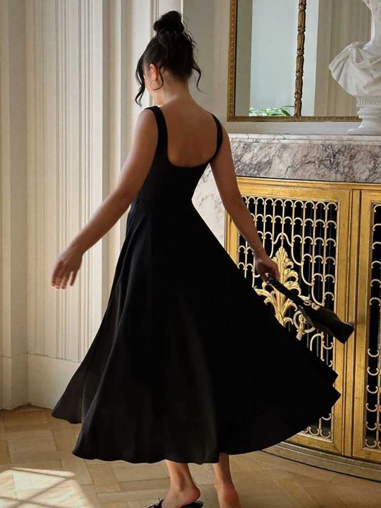 Basic Casual Dresses Fantoye Sexy Square Collar Maxi Dress For Women Black Spaghetti Strap High Waist Dress Female Autumn Slim Elegant Party Clubwear 