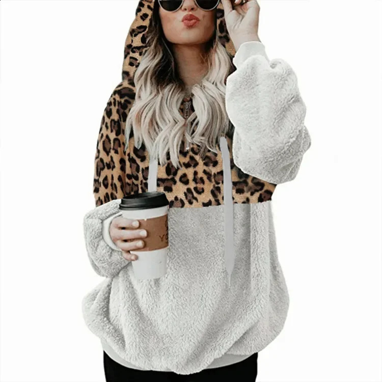 Autumn/Winter Sexy Leopard Pattern Hoodies for Women Zipper Pocket Womens Top Plush Sweatshirts 250113