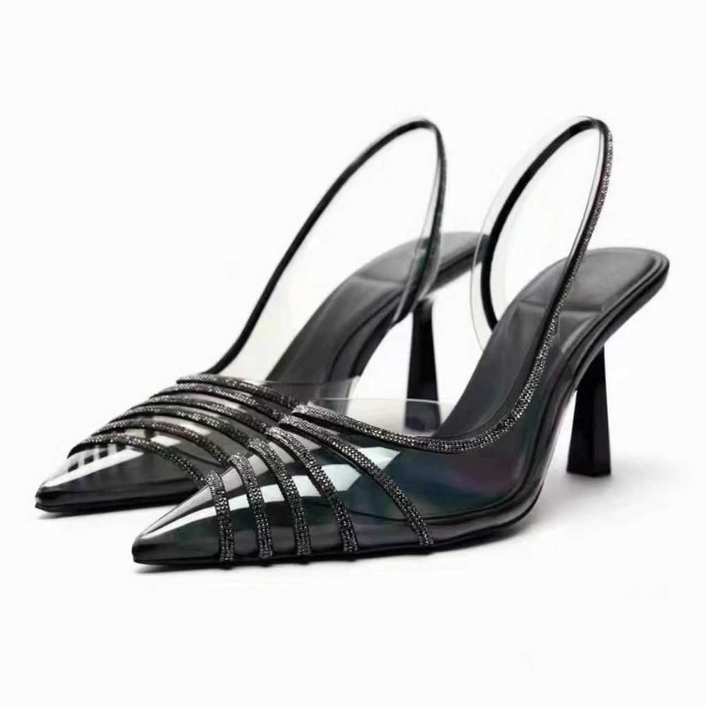 2024 High Hot Heeled Sandals For Wen Sexy Clear PVC Ladies Party Shoes Rhinestones Brand Designer New Summer Slingback Footwear Z250121