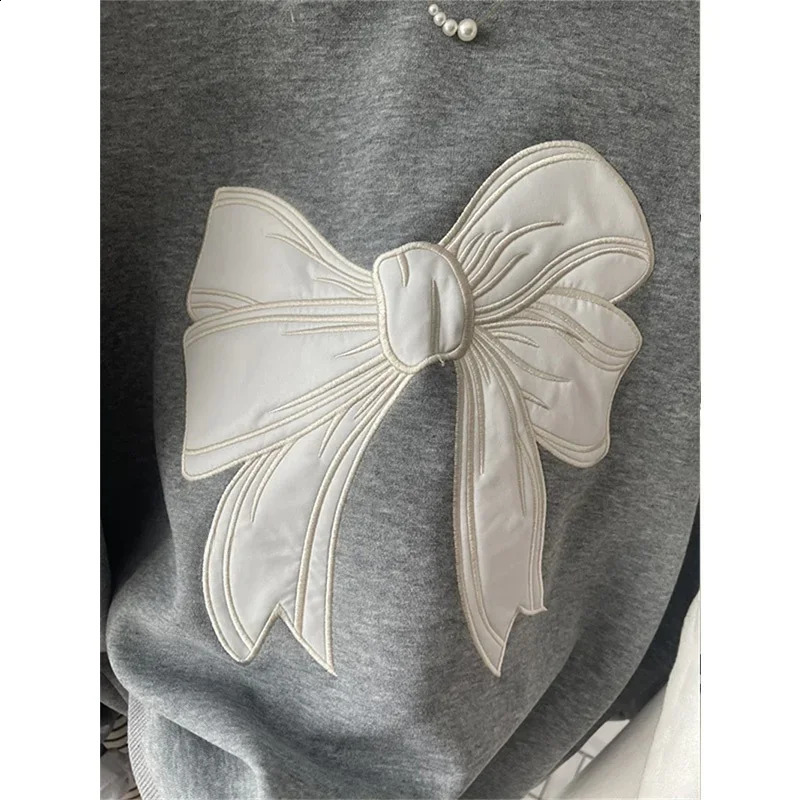 South korea Dongdaemun Heavy Industry Embroidery Bow round Neck Hoodie Women Spring and Autumn Thin Small Loose Short Top 250113