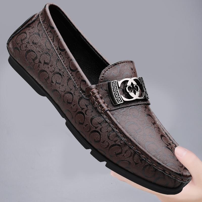Light luxury bean shoes men's genuine leather 2023 new lazy shoes trendy brand British casual printed one foot loafers