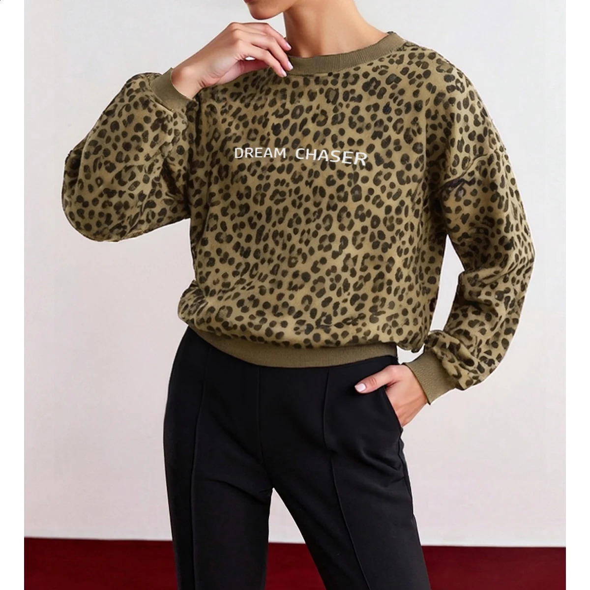 Mia Muse Womens Sweatshirts Autumn Winter Wild Basics Letter Leopard Print Long Sleeve Crew Neck Fashion Sweatshirts 250113