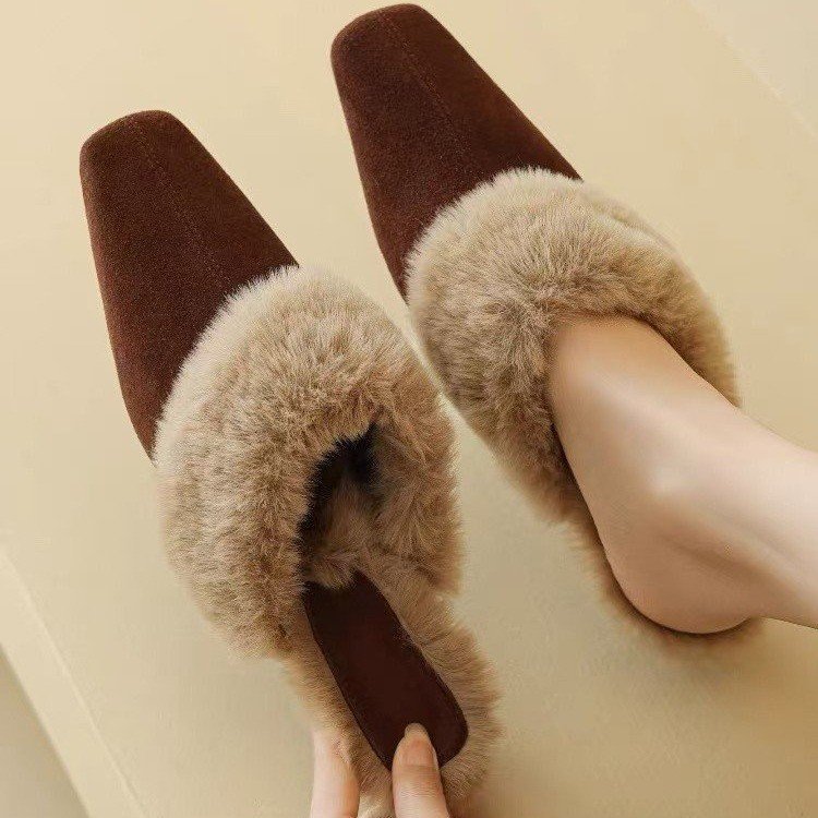 Women Slippers Plush Warm Chunky Heel New French Gentle Style Versatile Triple Brown Khaki Free shipping