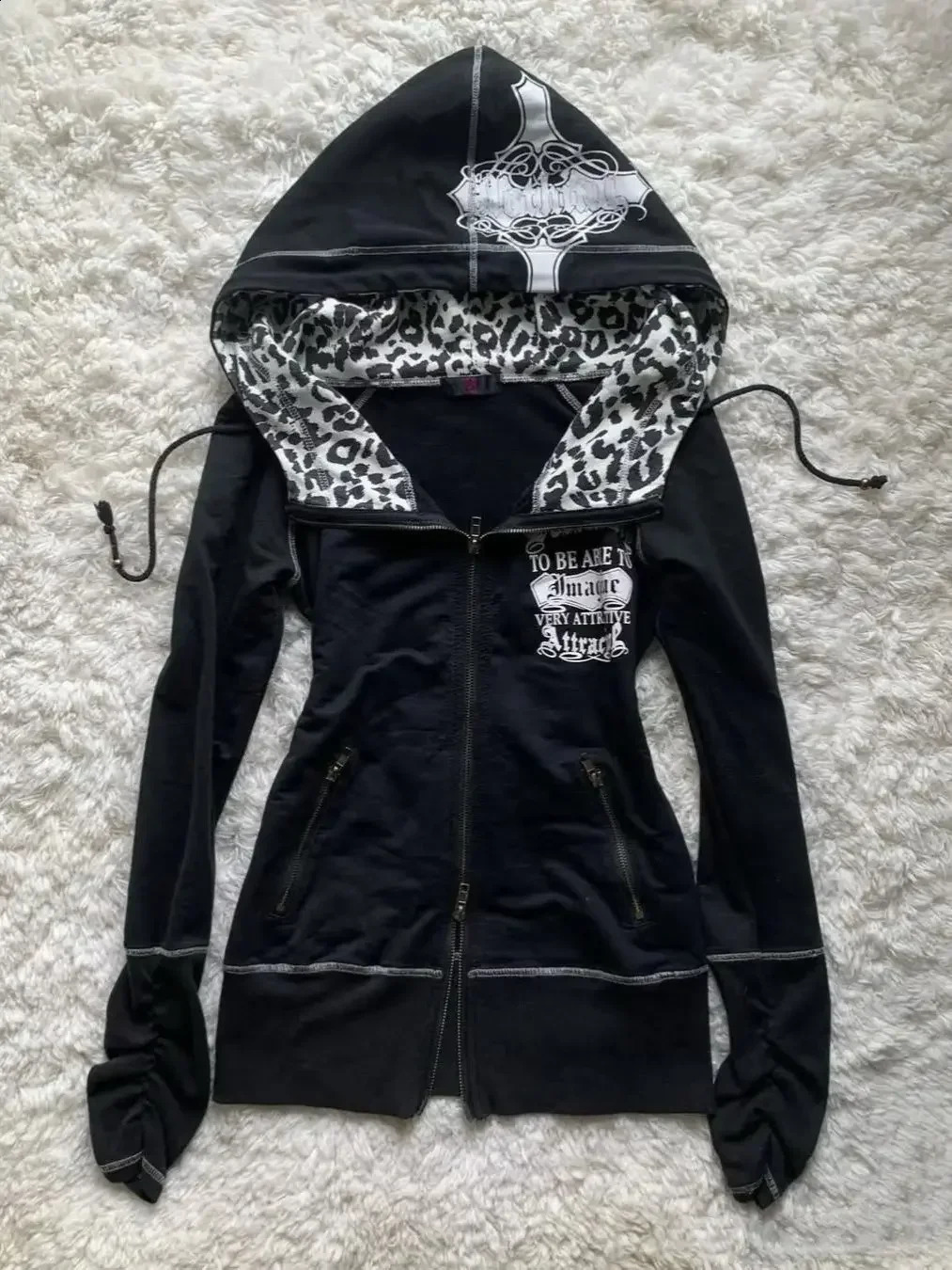 Trendy American leopard print splicing n slim zipper hoodie for women retro gothic y2k street casual cardigan zipper jacket 250113
