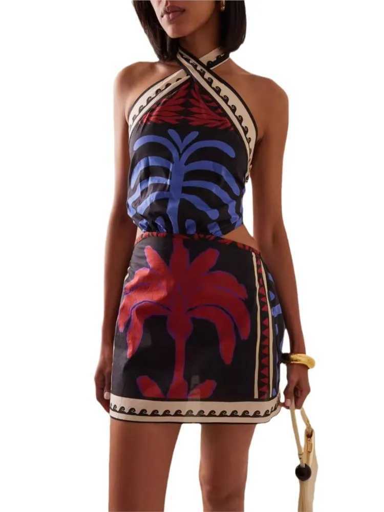 Basic Casual Dresses Bohemian Print Halter Neck Mini Dresses Women Sexy Backless Leace-up Beach Vacation Dress Fashion Beachwear Vestidos Summer New H