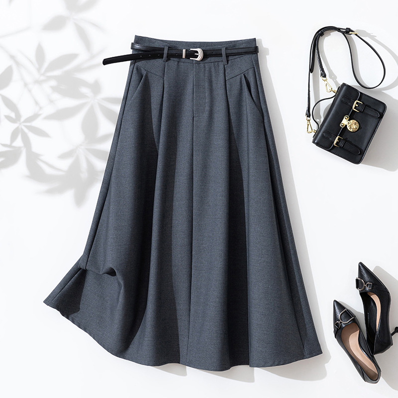 D6190 Spring and Autumn new high waist skirt mid-length style Slimming and hip-covering versatile long skirt temperament A-line skirt umbrella skirt