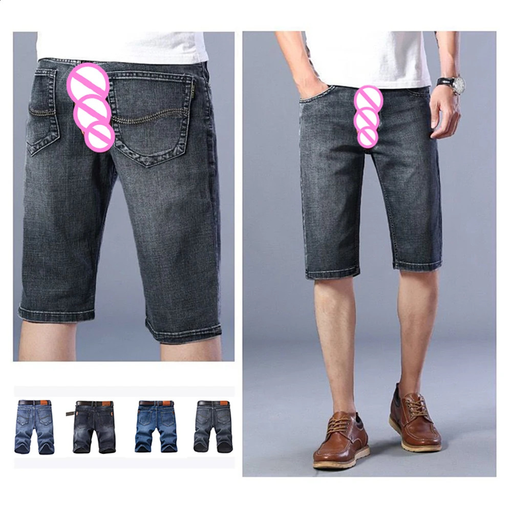 Invisible Open Crotch Outdoor Sex Denim Shorts Mens Summer Casual Five Points Pants Straight Durable Elastic Trousers Breeches 250118