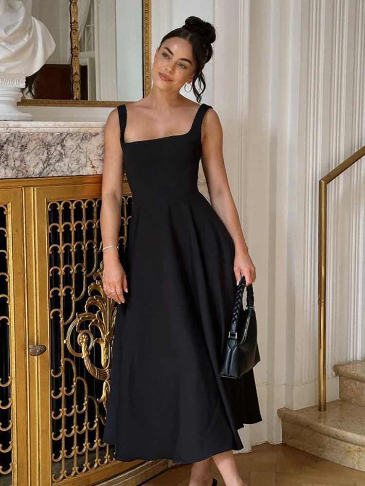 Basic Casual Dresses Fantoye Sexy Square Collar Maxi Dress For Women Black Spaghetti Strap High Waist Dress Female Autumn Slim Elegant Party Clubwear 