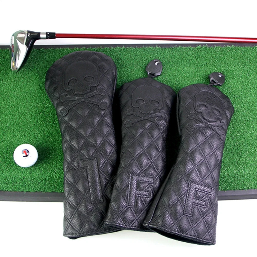 GLOOF Golf Skull Skeleton Head Cover Golf Club Black Leather cover set Fits Driver Fairway Wood Hybrid Golf supplies 250110