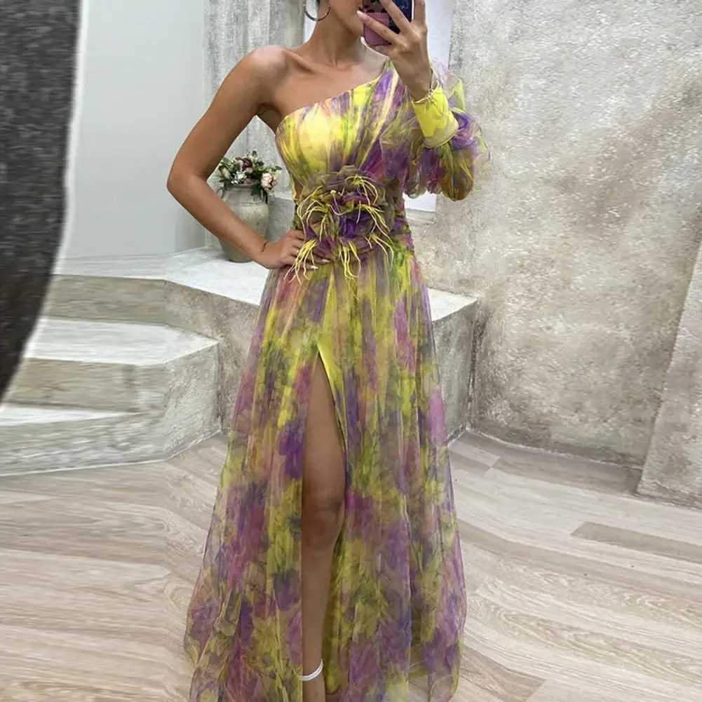 Basic Casual Dresses Elegant Formal Party Dress Elegant One Shoulder Tie-dye Ball Gown with Mesh Bubble Slves Split Hem Womens Evening Dress H25121
