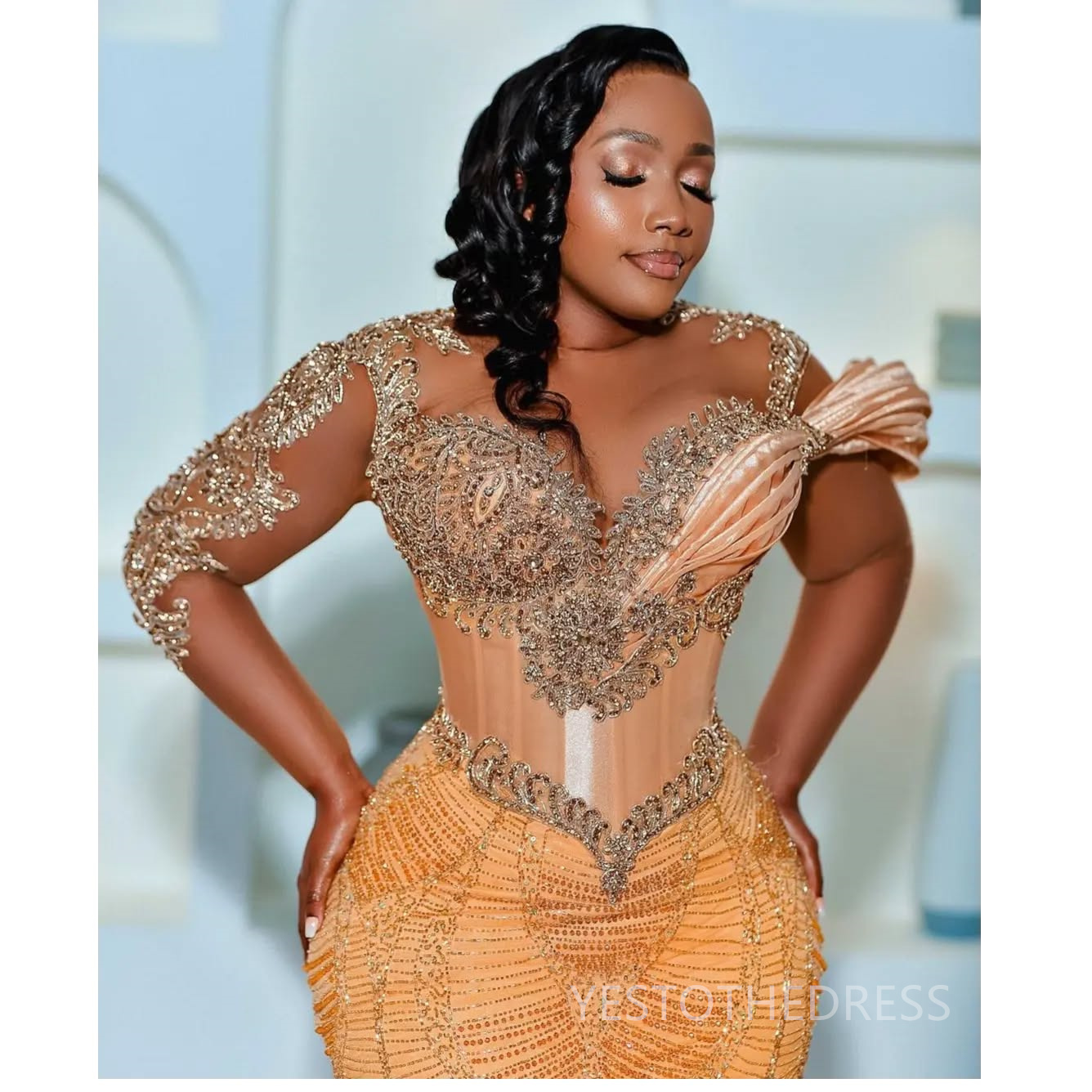 2025 Plus Size Aso Ebi Prom Dresses Mermaid Evening Dresses Illusion Sheer Neck Long Sleeves Appliqued Beaded Lace Birthday Dress Second Reception Gow