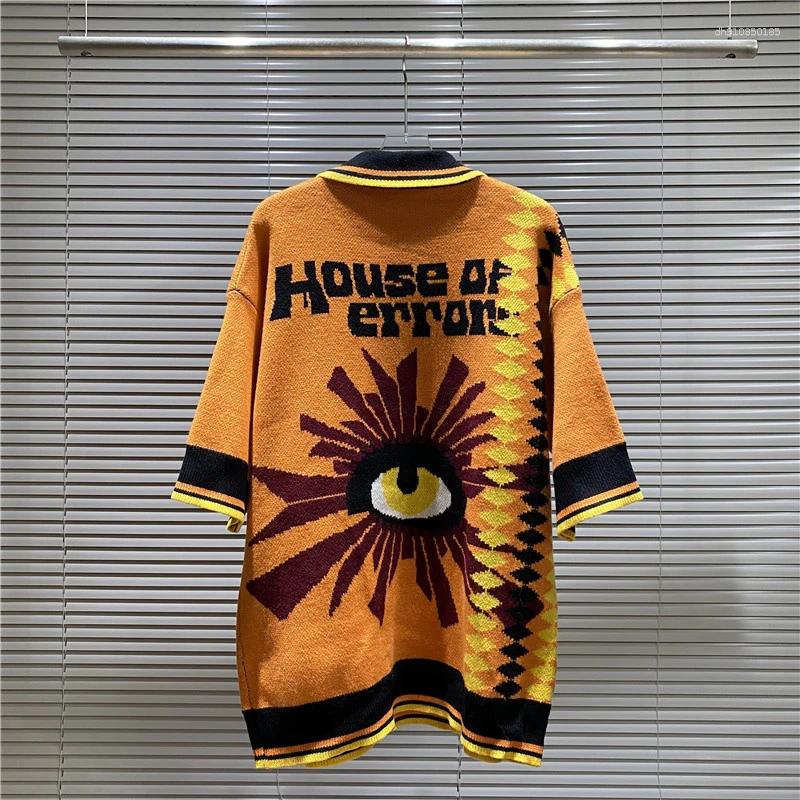 Men's Polos House Of Error Eye Truth Diamond Vertical Pattern Collision Jacquard Polo Collar Orange Short Sleeve Sweater Clothing