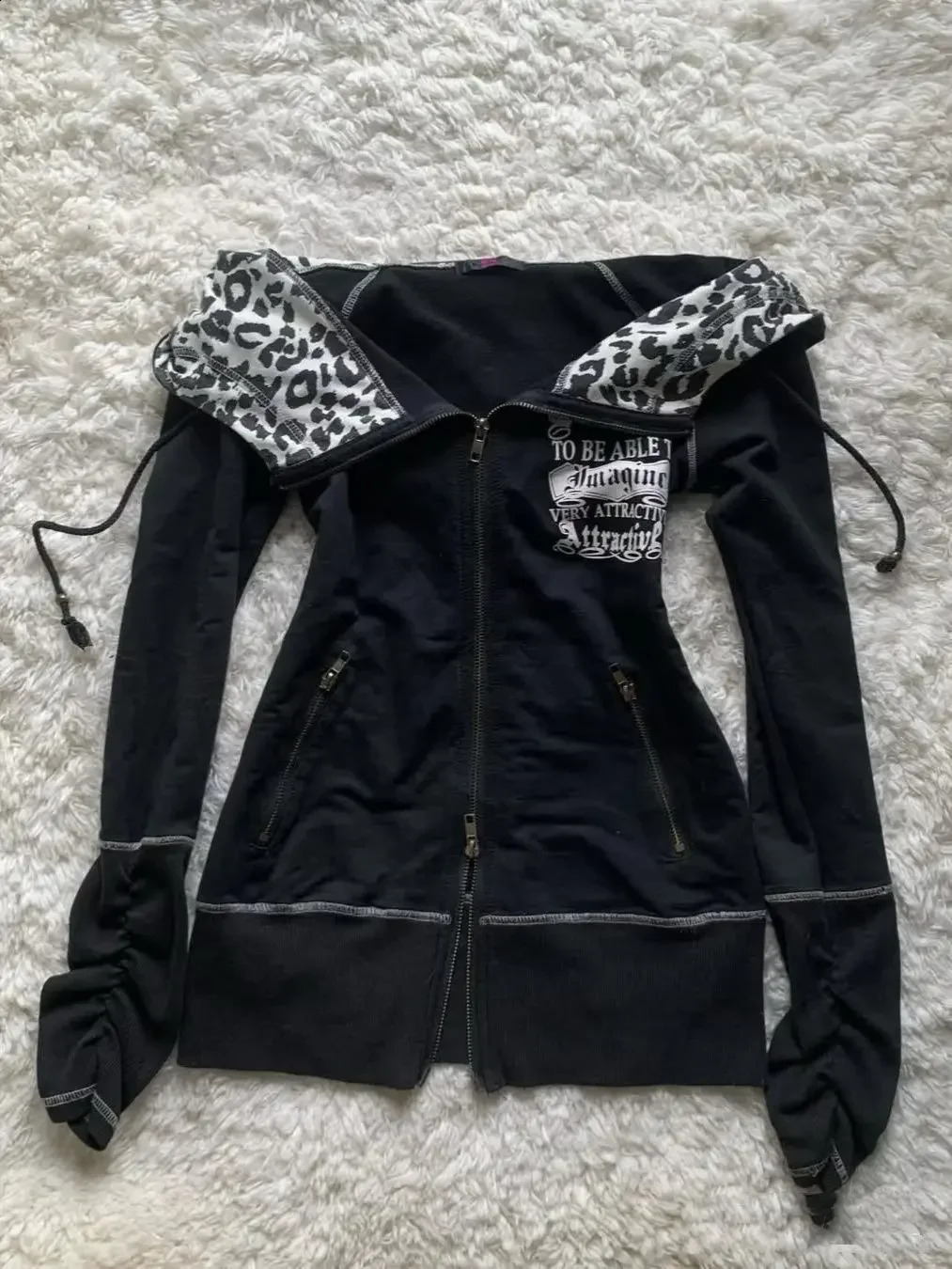 Trendy American leopard print splicing n slim zipper hoodie for women retro gothic y2k street casual cardigan zipper jacket 250113