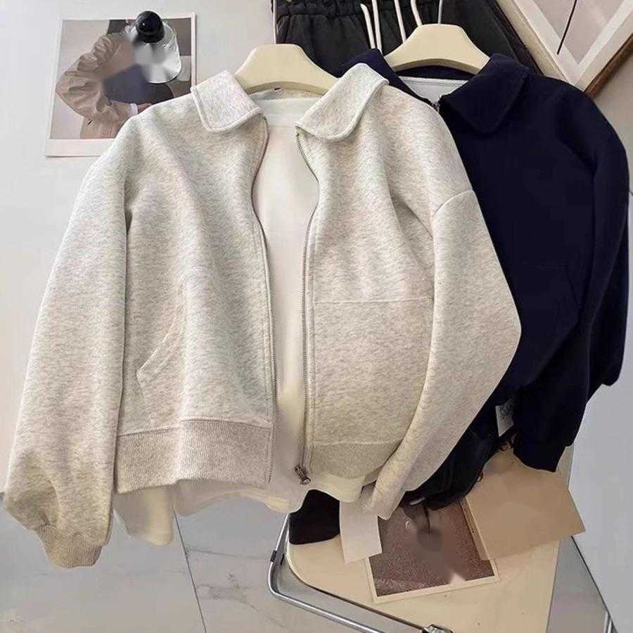 Flip Collar Double Zipper Hoodie For Women Autumn And Winter With Thick Cardigan Jacket Short Loose Trendy Women Jackets Coat Woman 241209