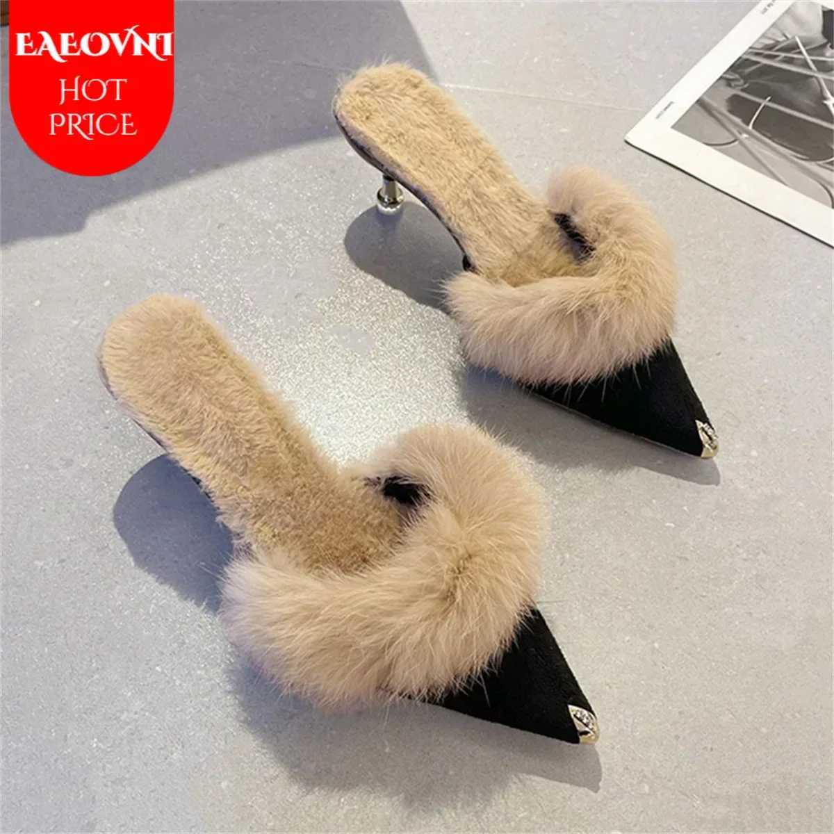 Wen High Heel Shoes 2024 Fur Slippers Mes Pointed Toe Furry Slides Fashion Elegant New Designer Flip Hot Flops Off Pumps Z250121