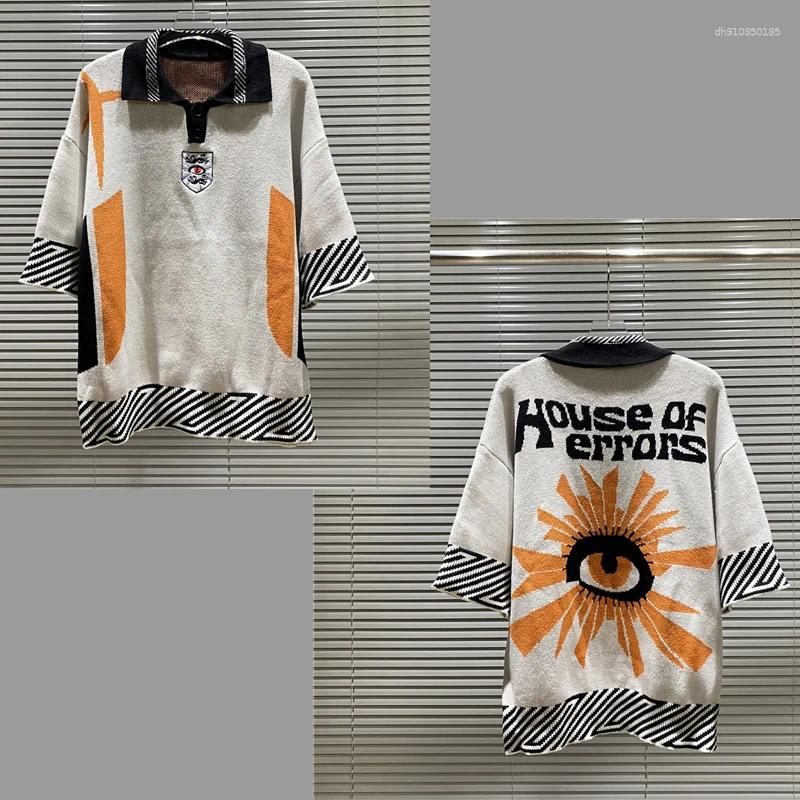 Men's Polos House Of Error Eye Truth Diamond Vertical Pattern Collision Jacquard Polo Collar Orange Short Sleeve Sweater Clothing
