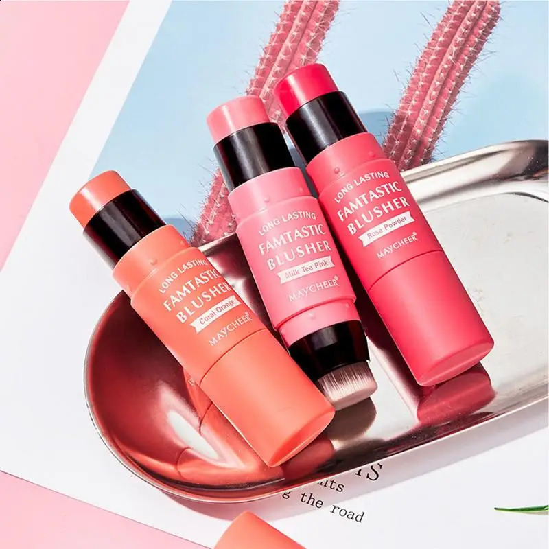 Double-headed Blush With Brush Stick Face Brighten Powder Blusher Peach Orange Creamy Rouge Sticks Makeup 3 Colors 250121