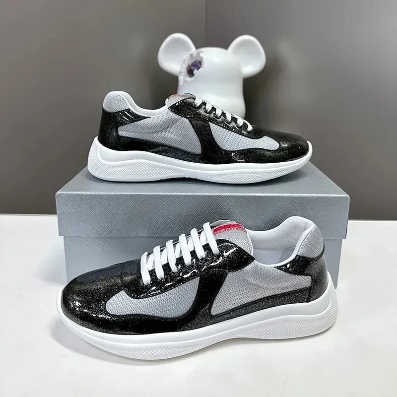 running shoes Men Sneakers Real Patent Leather Women Flat Trainers Black Mesh Lace-up Casual Outdoor Runner Sport Shoes Size 36-45