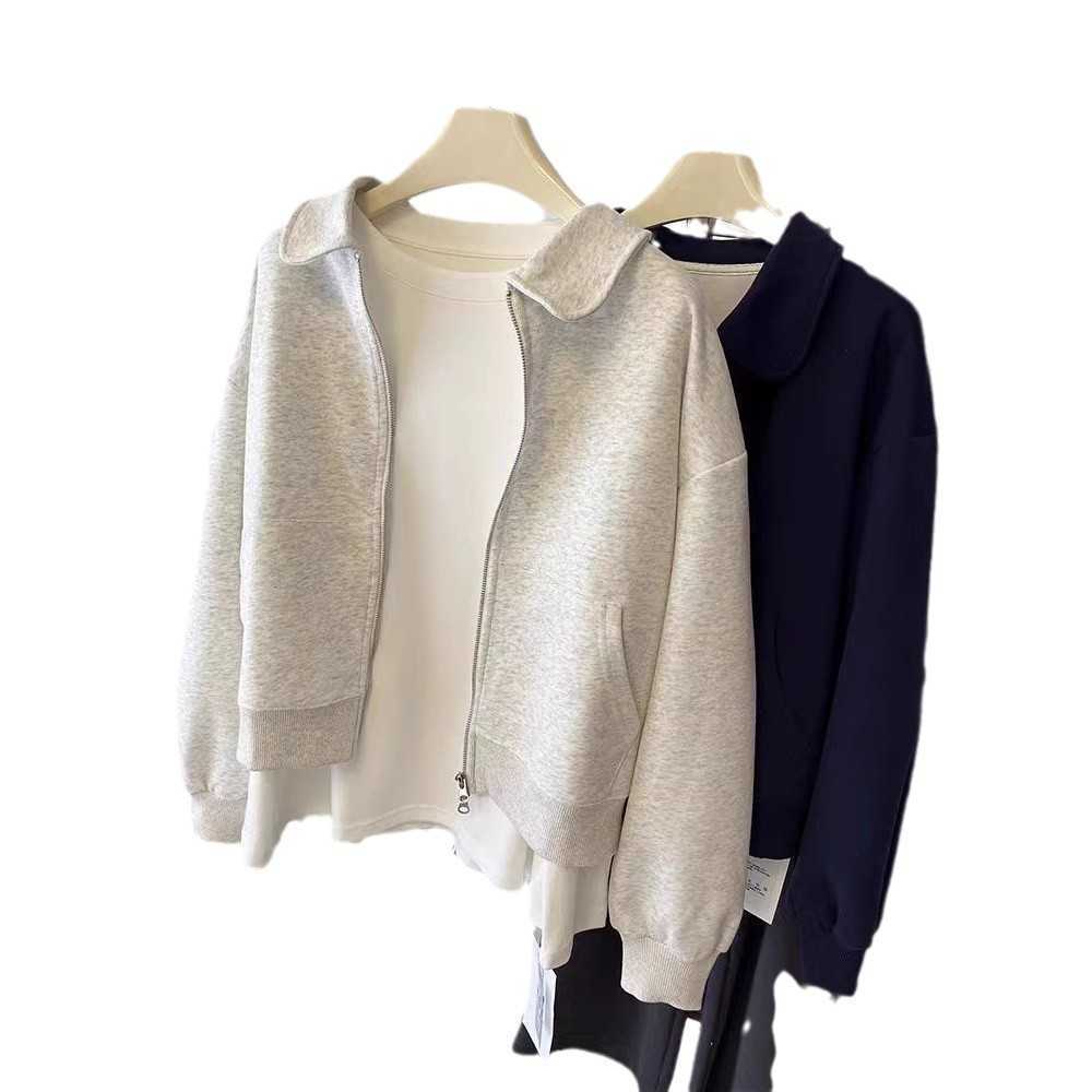 Flip Collar Double Zipper Hoodie For Women Autumn And Winter With Thick Cardigan Jacket Short Loose Trendy Women Jackets Coat Woman 241209
