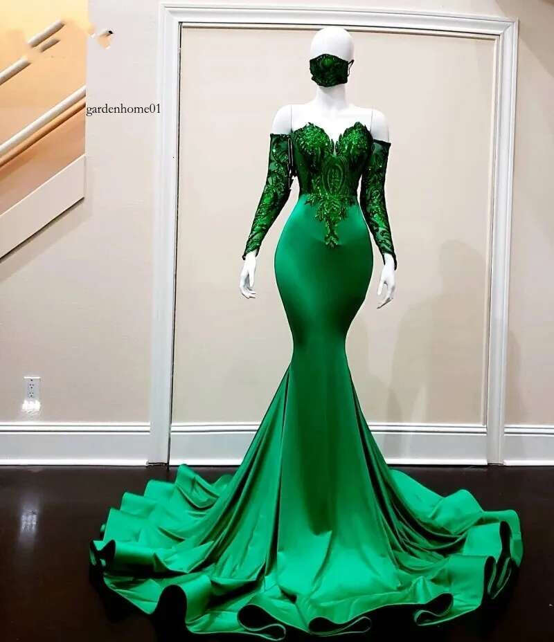 Dark Elegant Green Mermaid Prom Dresses Sequin Applique Party Gowns Long Sleeves Evening Dress Vestido De Novia