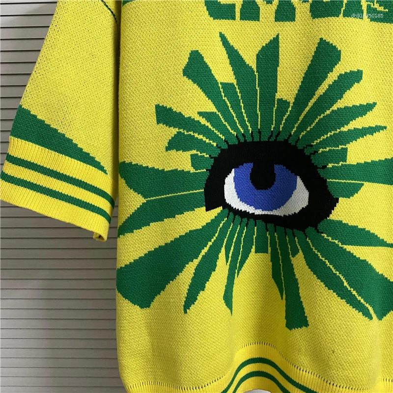 Men's Polos American House Of Error Eye Truth Number 20 Green Simple Lines Jacquard Embroidery Logo Polo Collar Contrast Knitted Sweater