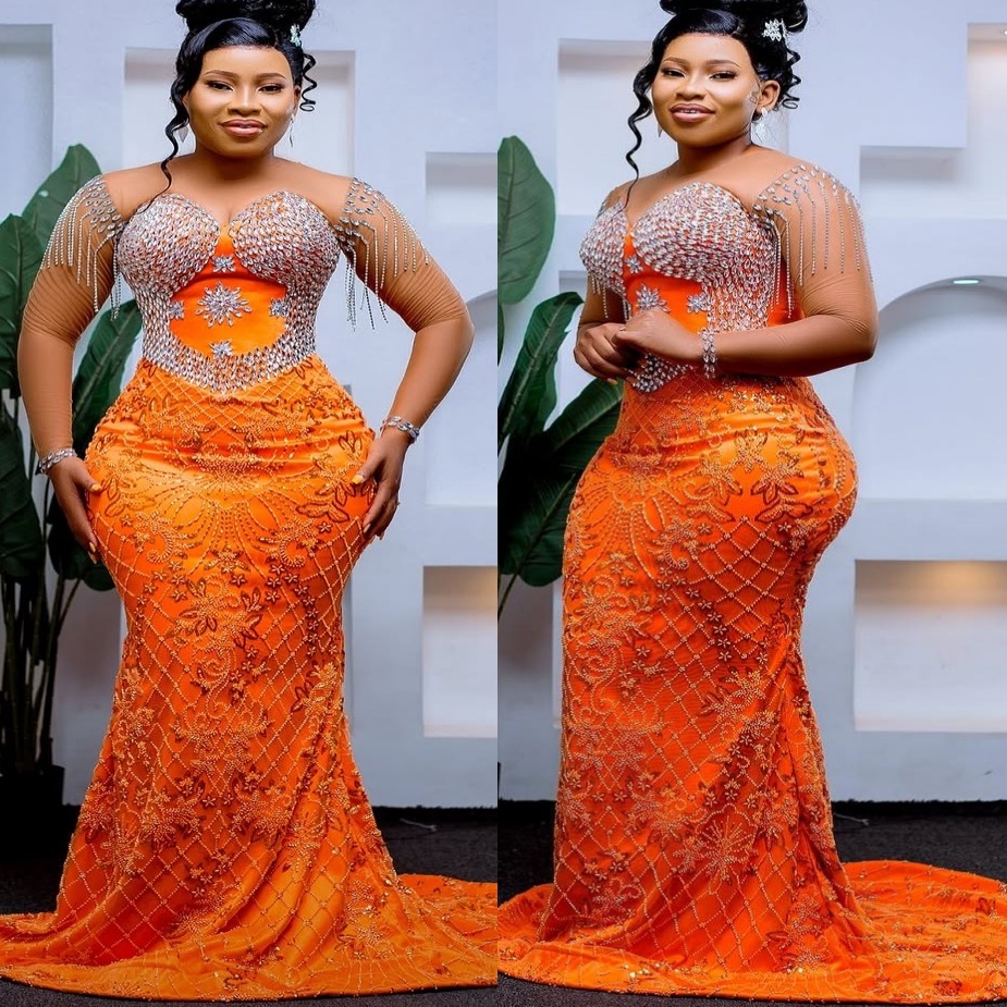 Aso Ebi Orange Mermaid Prom Dresses 2025 Crystals Lace Beaded Evening Formal Party Second Birthday Engagement Gowns Plus Size Dress For Special Ocns