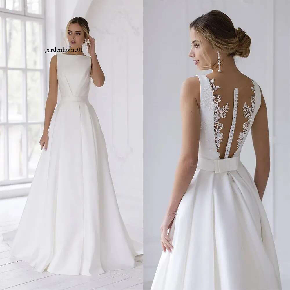 Sleeveless Boat Neck A E Wedding Dresses Button Back Ruched Satin Bridal Gown Bow Tie Belt Garden Mariage