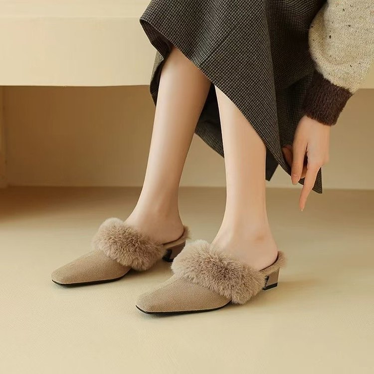 Women Slippers Plush Warm Chunky Heel New French Gentle Style Versatile Triple Brown Khaki Free shipping
