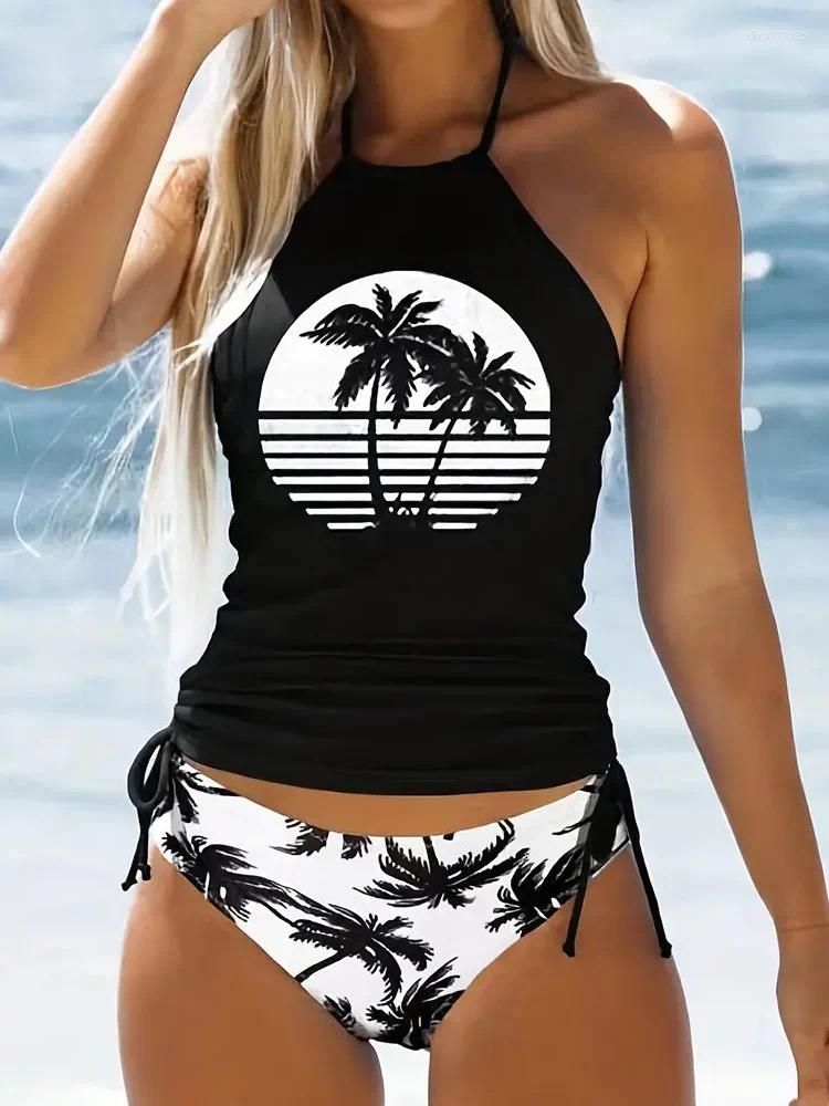 Women's Swimwear 2025 Sexy Solid Print Tankini Set Tied Halter Swimsuit Women Biquinis Summer Backless Beach Bathing Suit