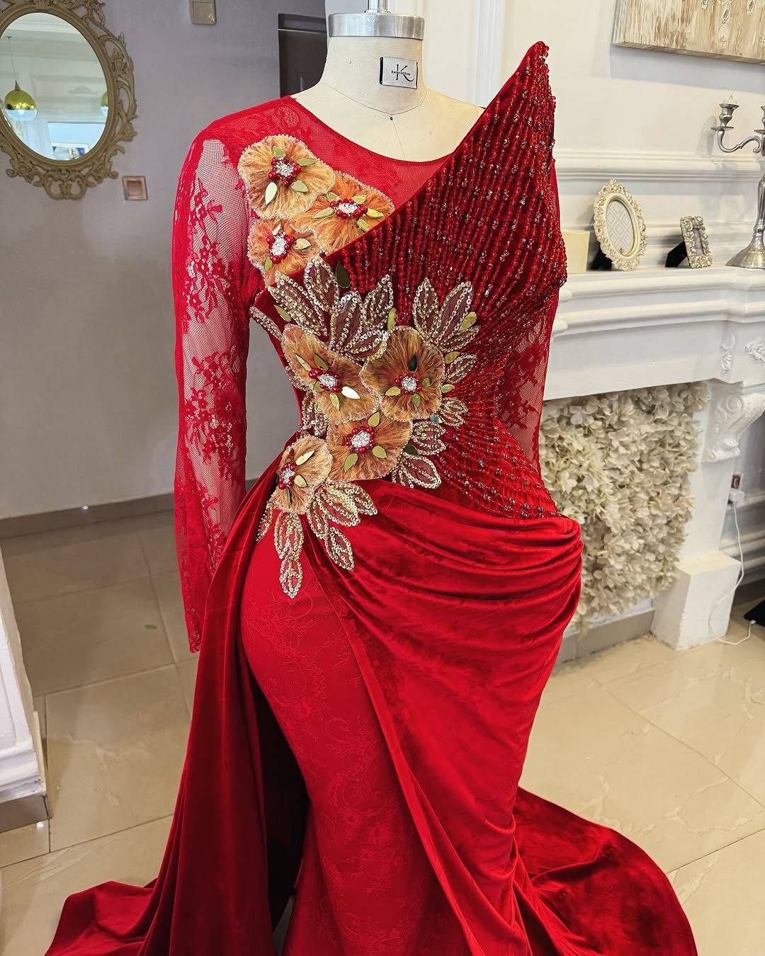 Aso Ebi Red Mermaid Prom Dresses 2025 Ral Lace Crystals Beaded Veet Evening Formal Party Second Birthday Engagement Gowns Plus Size Dress For Special 