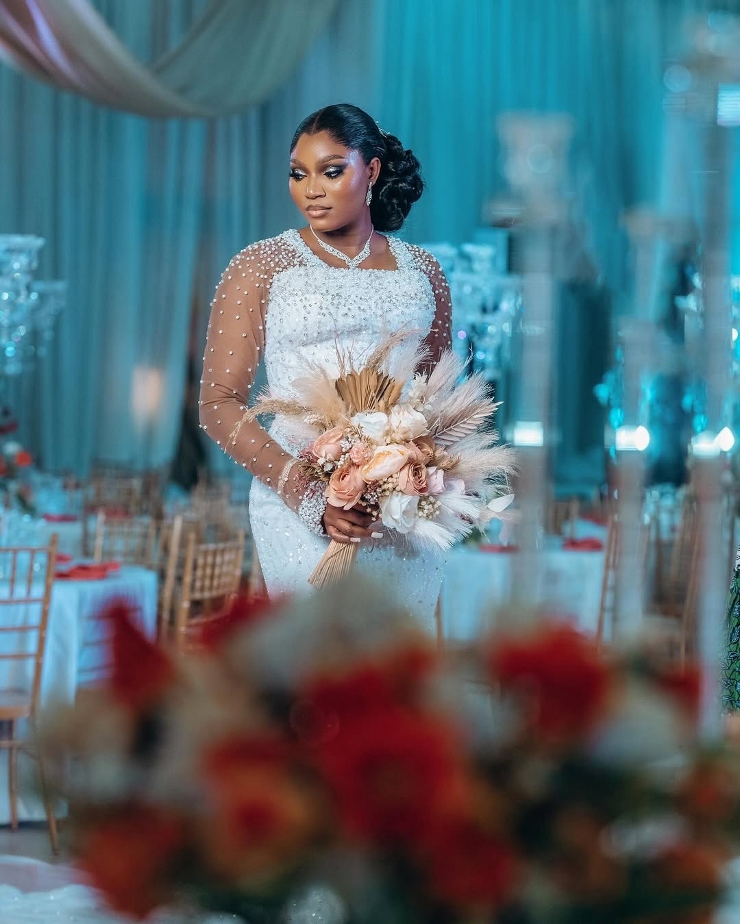 2025 Arabic Aso Ebi Plus Size Ivory Lace Wedding Dresses Pearls Crystals Detachable Train Full Sleeves Bridal Gowns Dress For Bride