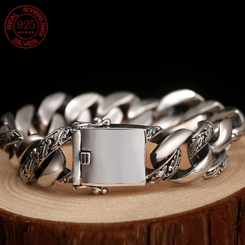 S925 Silver Vintage Cuban Bracelet Mens Trend Dominant Locomotive Europe and America Mens Bracelet 250117