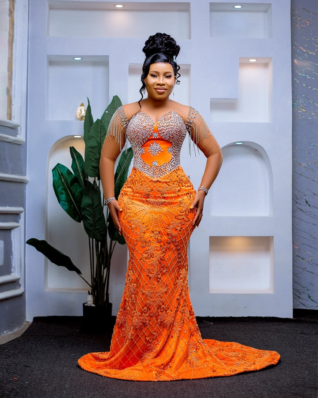 Aso Ebi Orange Mermaid Prom Dresses 2025 Crystals Lace Beaded Evening Formal Party Second Birthday Engagement Gowns Plus Size Dress For Special Ocns