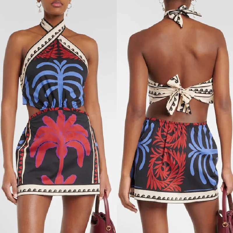 Basic Casual Dresses Bohemian Print Halter Neck Mini Dresses Women Sexy Backless Leace-up Beach Vacation Dress Fashion Beachwear Vestidos Summer New H