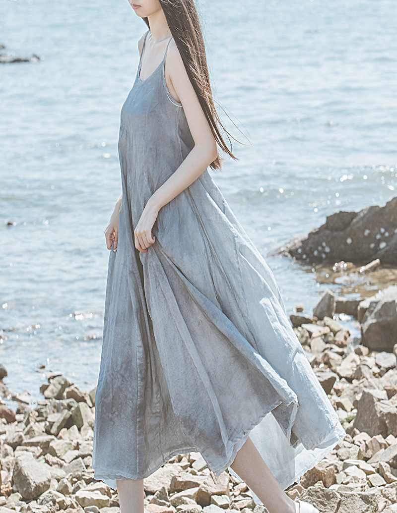 B2145 Summer dark style homemade long-staple cotton large swing double layer willow leaf splicing suspender skirt dress two colors