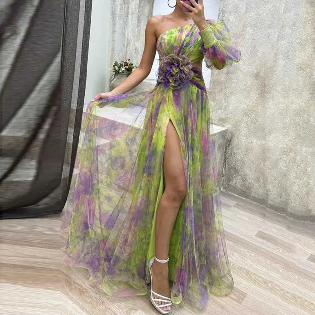 Basic Casual Dresses Elegant Formal Party Dress Elegant One Shoulder Tie-dye Ball Gown with Mesh Bubble Slves Split Hem Womens Evening Dress H25121