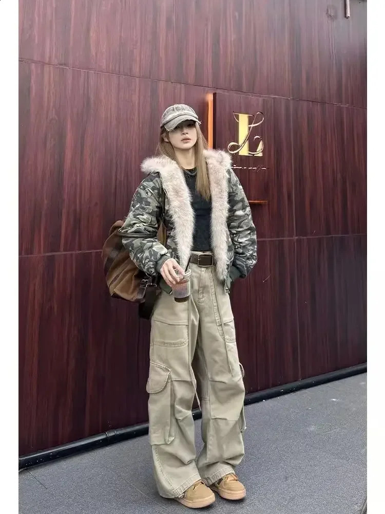 American Vintage Camouflage Plush Hat Jacket Y2K High Street Hip hop Harajuku Loose Women Make Old Hoodies Fashion Streetwear 250113