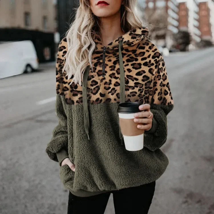 Autumn/Winter Sexy Leopard Pattern Hoodies for Women Zipper Pocket Womens Top Plush Sweatshirts 250113